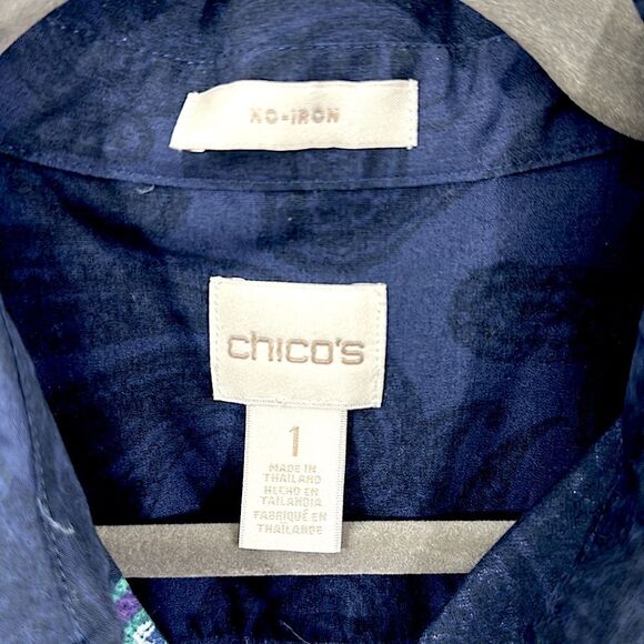Chico's No Iron Shirt Size 1 Size 8 Blue With Vibrant Paisley Print - Picture 15 of 16